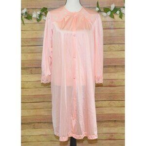 Vanity Fair Long Robe Pink Peach Small Gown USA Tricot All Nylon Vintage Buttons